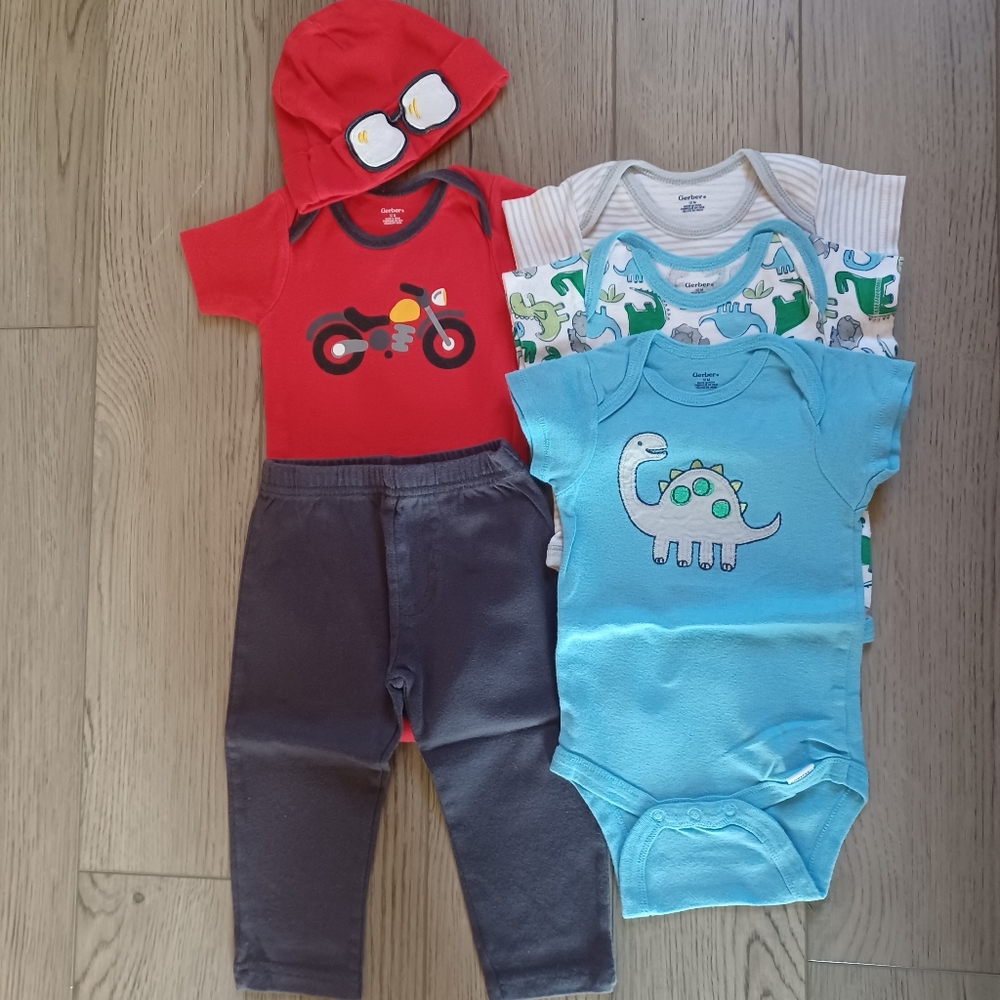 Gerber 12 month matching motorcyle set, and set of 3 dinosaur onsies 12 months